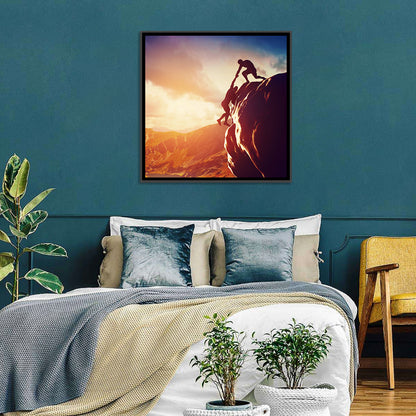Two Hikers Summit Assist at Sunset Wall Art
