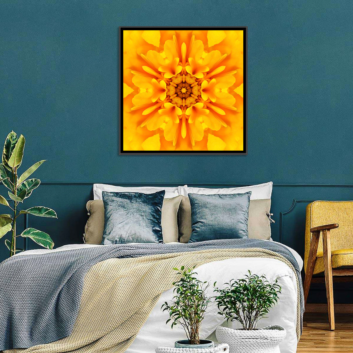 Golden Dahlia Mandala Wall Art in a room, square