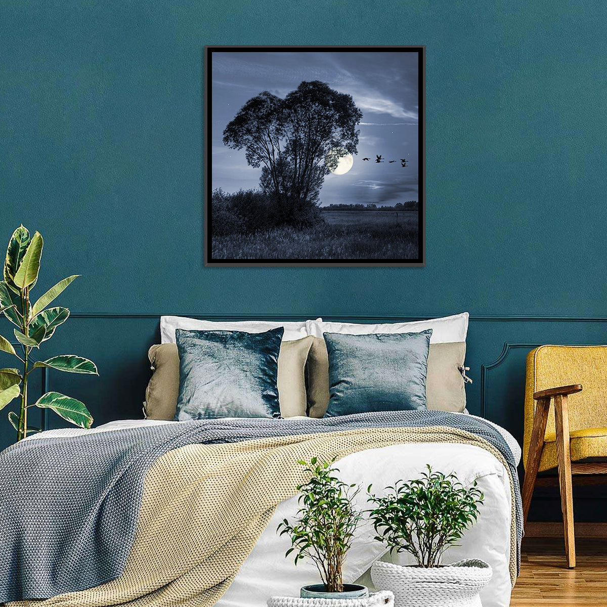 Moonlit Birds Over Quiet Field Wall Art