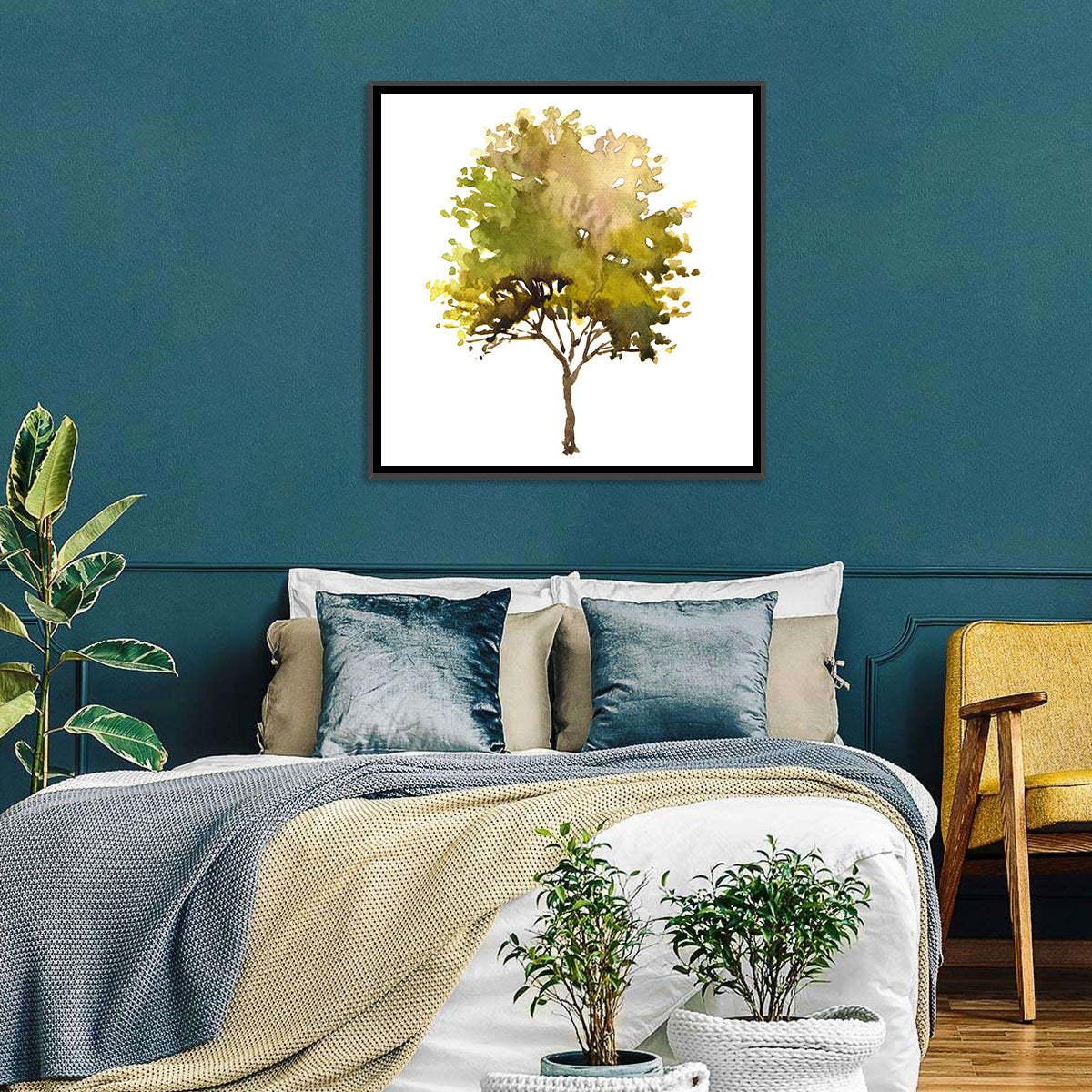 Olive Green Watercolor Tree Wall Art in a room, square