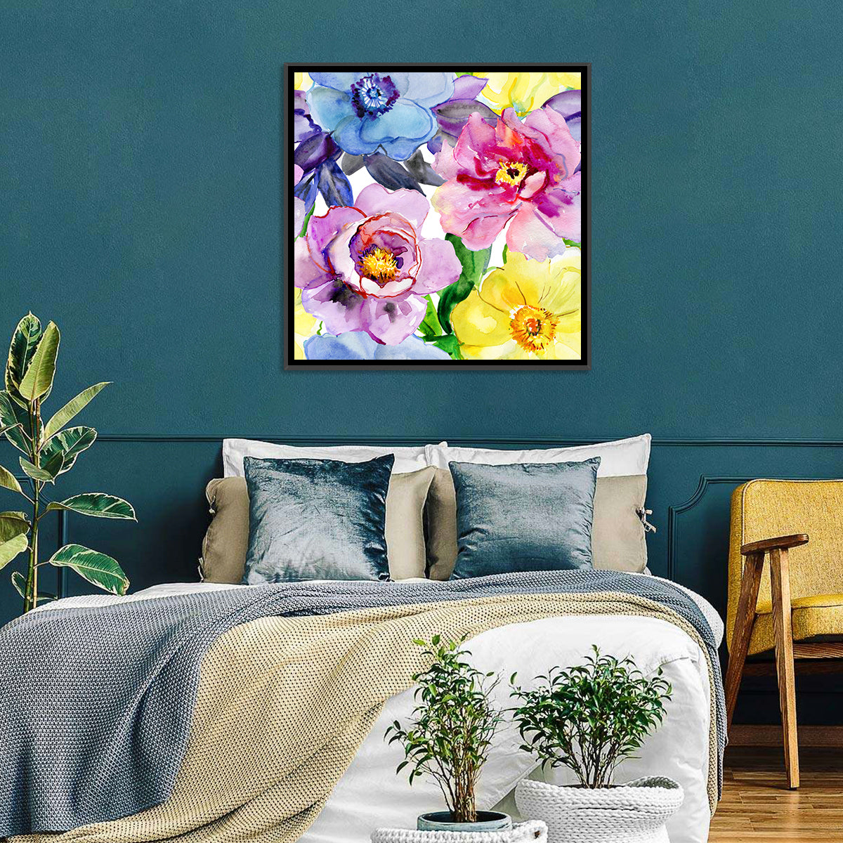 Vibrant Watercolor Floral Arrangement Wall Art in a room, square