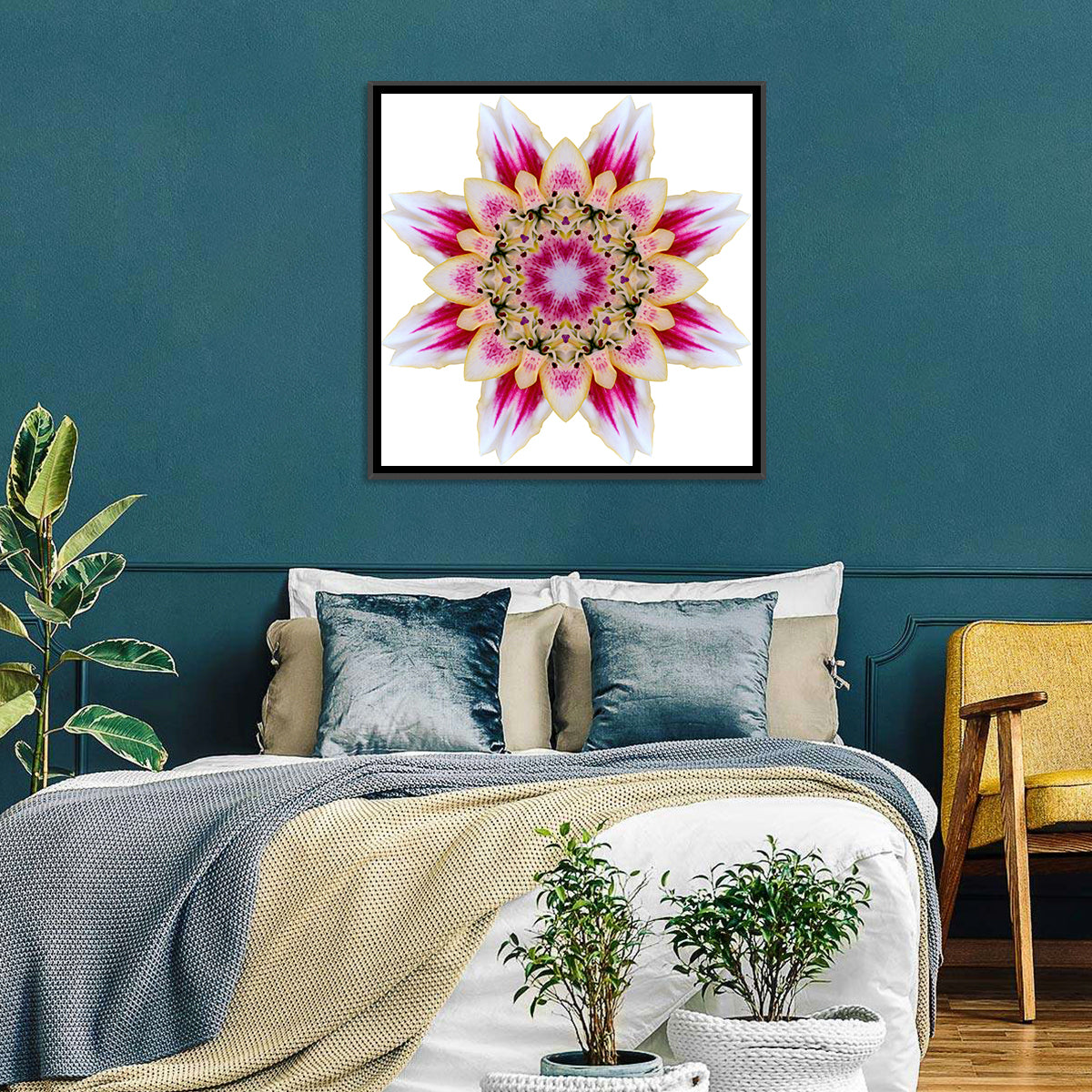 Pink Lily Star Mandala Pattern Wall Art in a room, square
