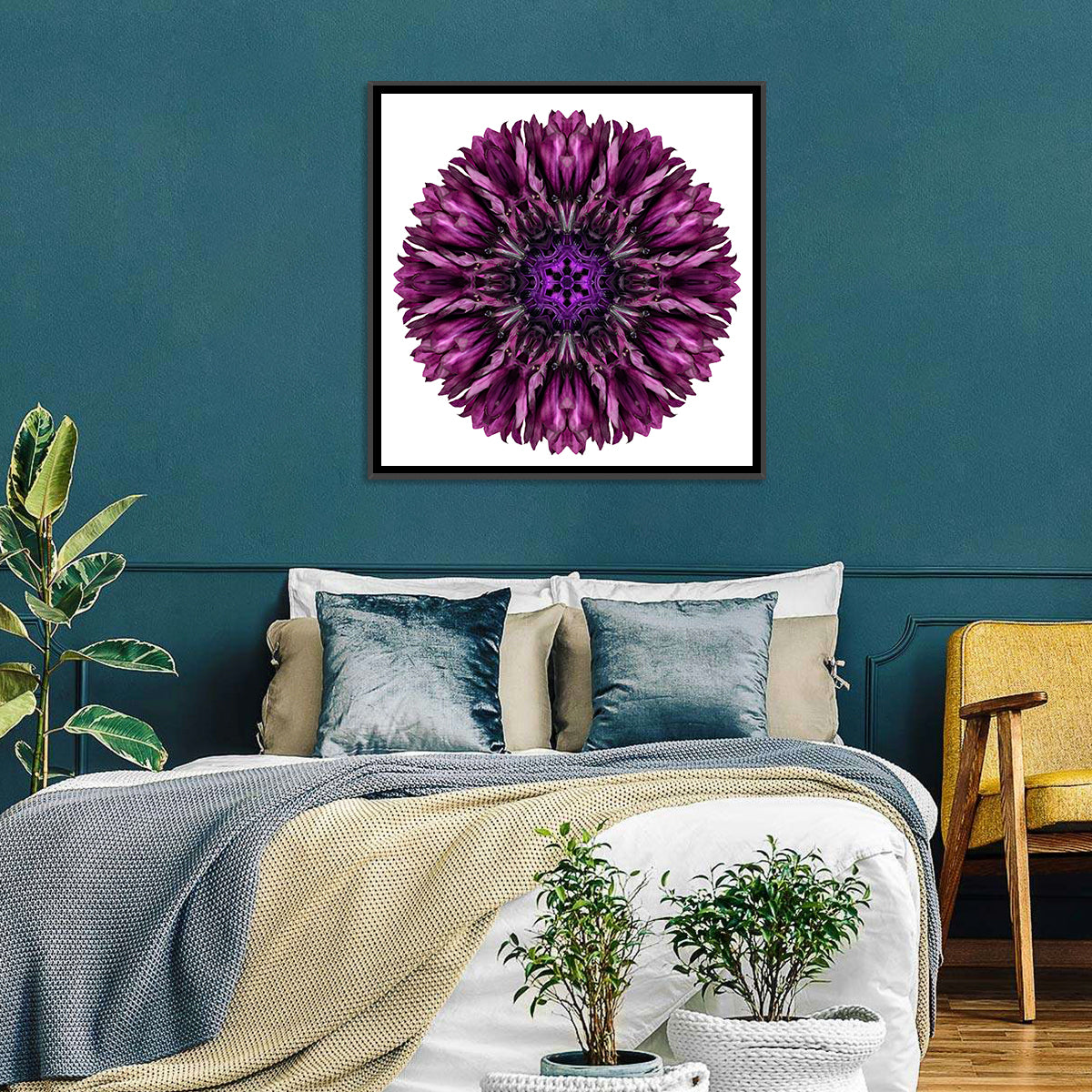 Purple Cornflower Kaleidoscope Mandala Wall Art in a room, square
