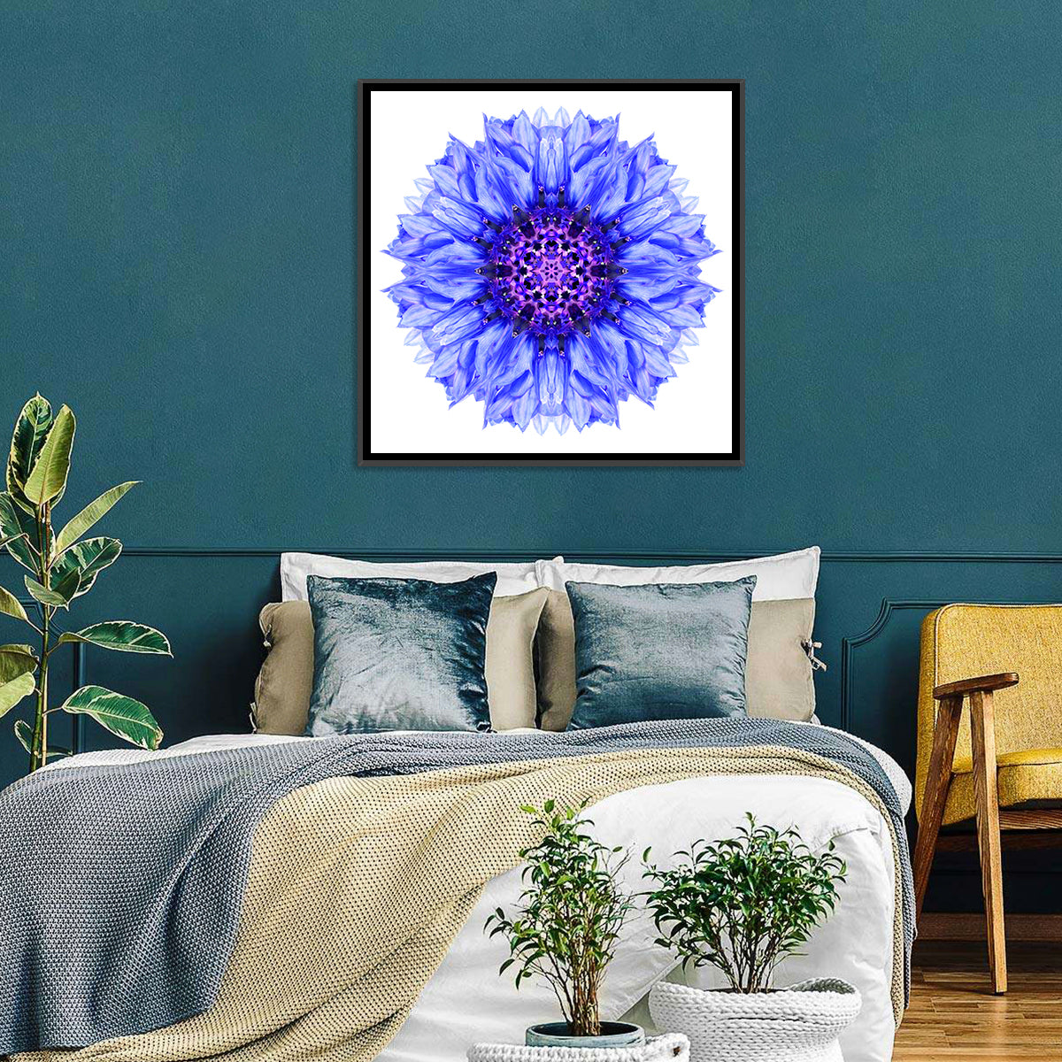 Cornflower Mandala with Dark Violet Center Wall Art in a room, square