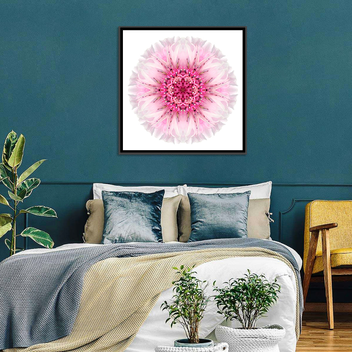 Pink Cornflower Kaleidoscope Mandala Wall Art in a room, square