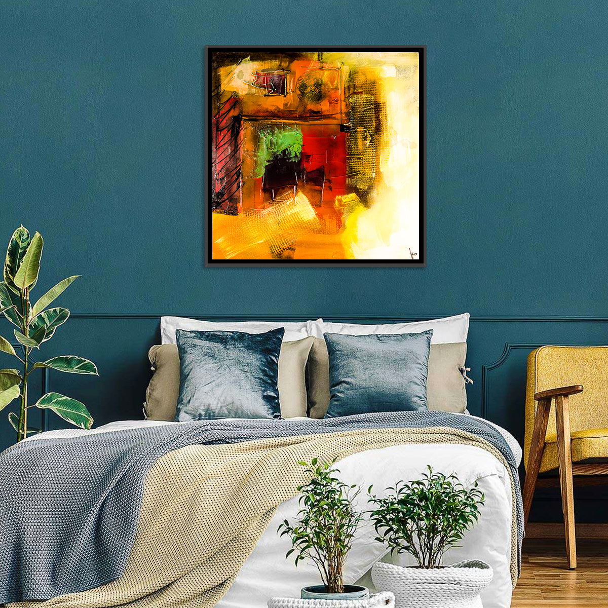 Layered Geometric Abstract in Warm Tones Wall Art in a room, square