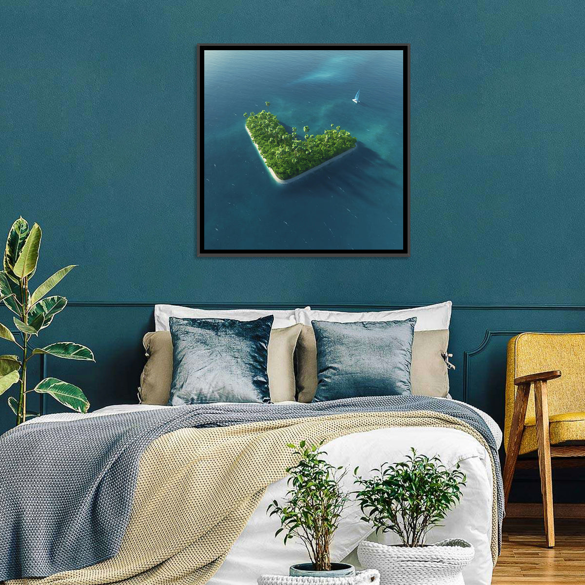 V-shaped Tropical Island with Distant Catamaran Wall Art