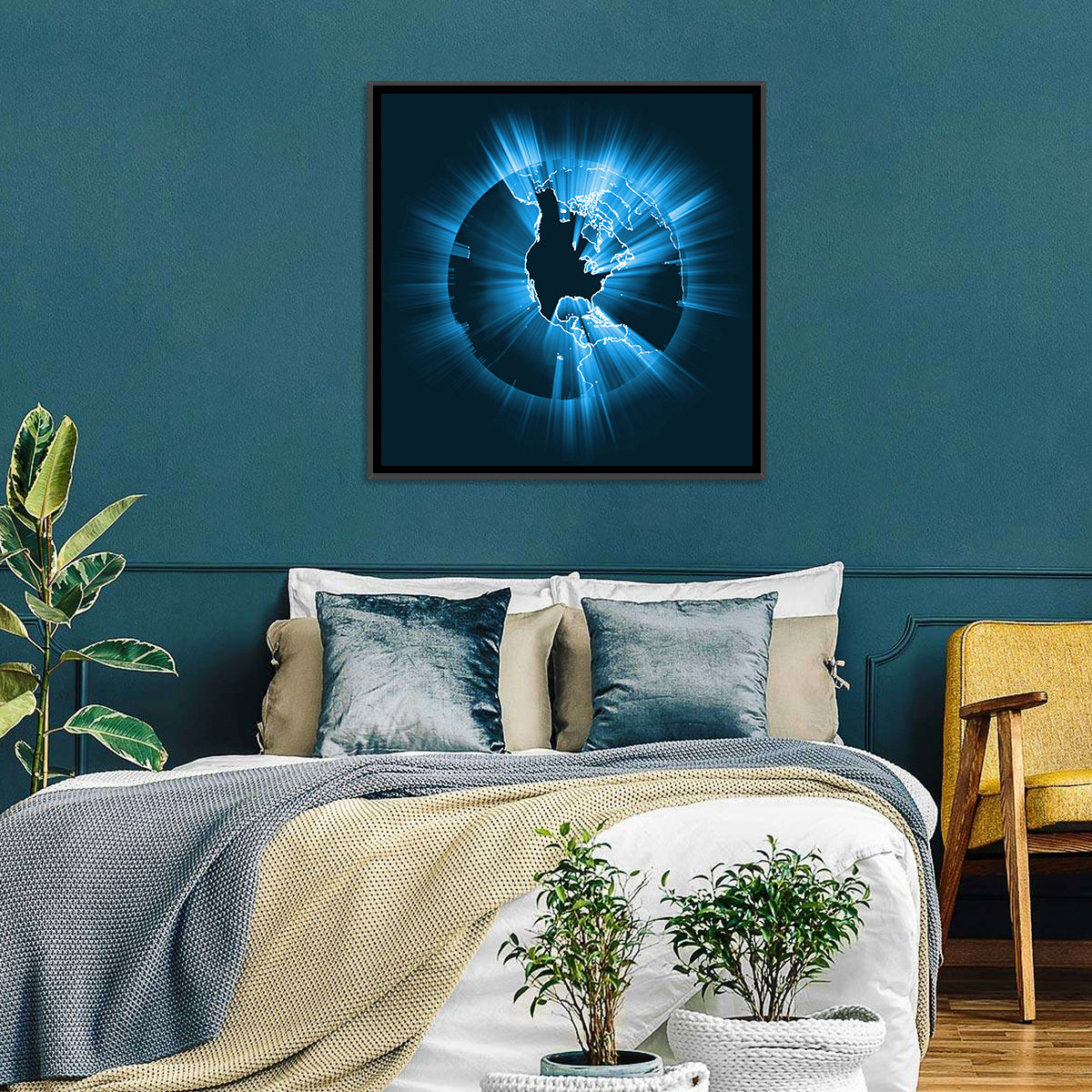 Glowing North America Globe Wall Art in a room, square