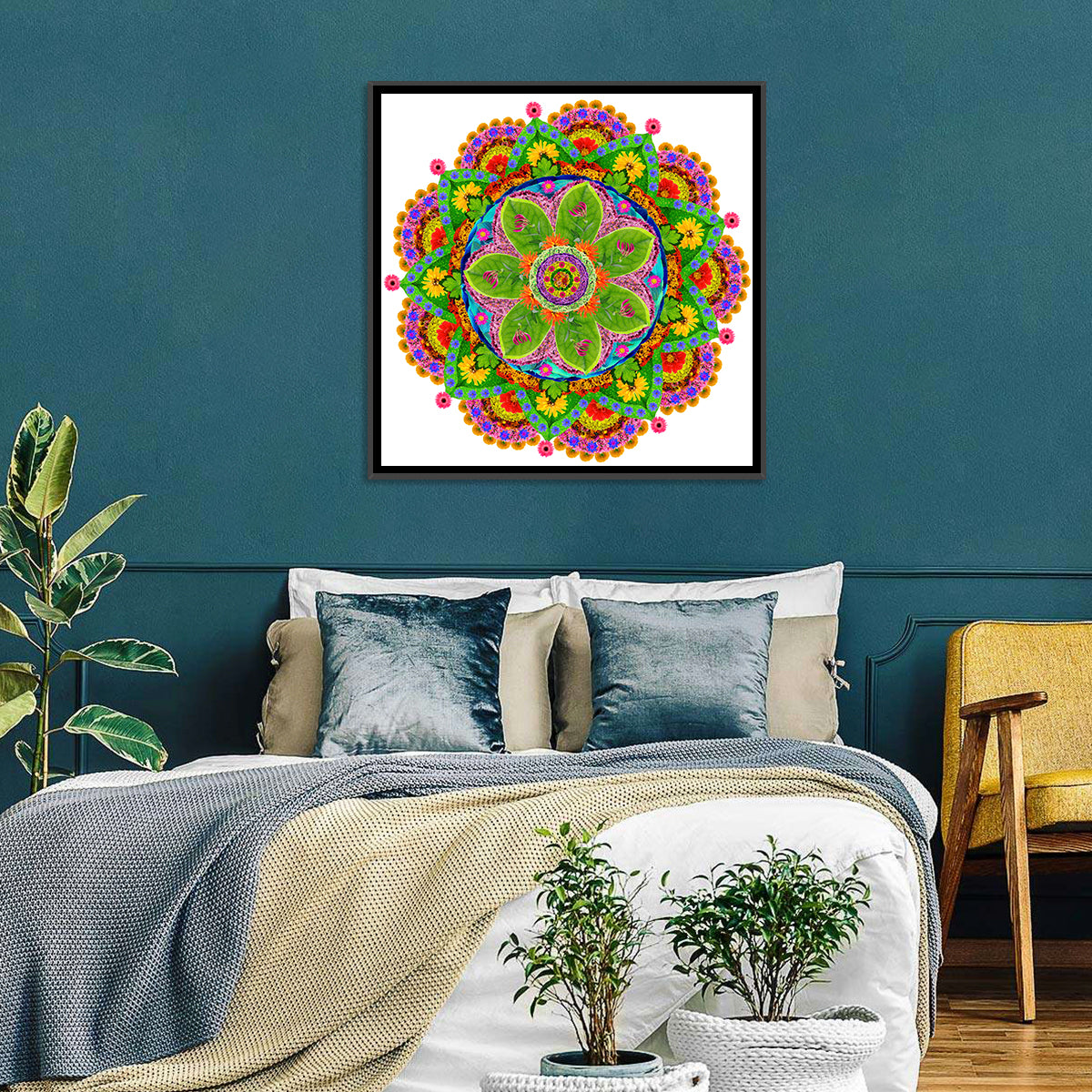 Vibrant Floral Petal Mandala Wall Art in a room, square