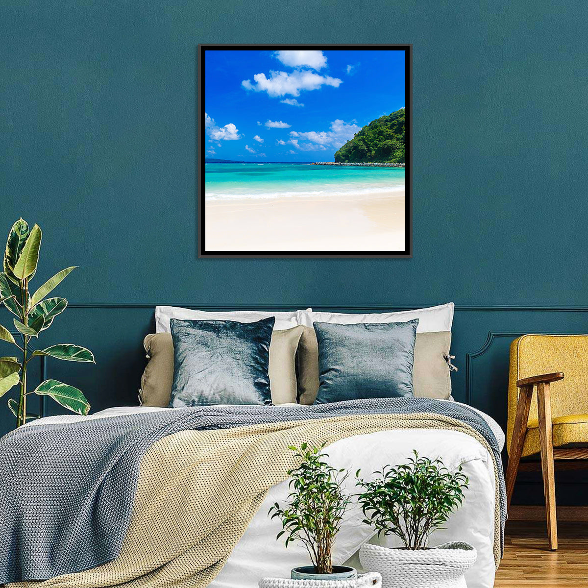 Turquoise Tropical Beach Scene Wall Art in a room, square