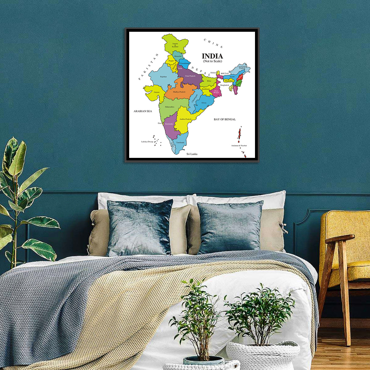 Colorful Political Map of India Wall Art in a room, square
