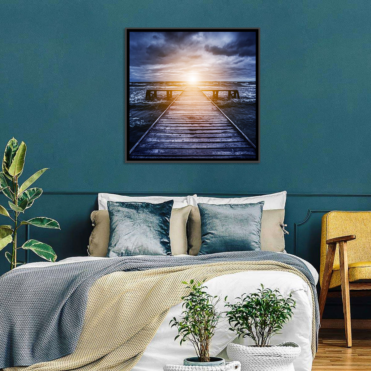 Sunlit Wooden Jetty at Dusk Wall Art