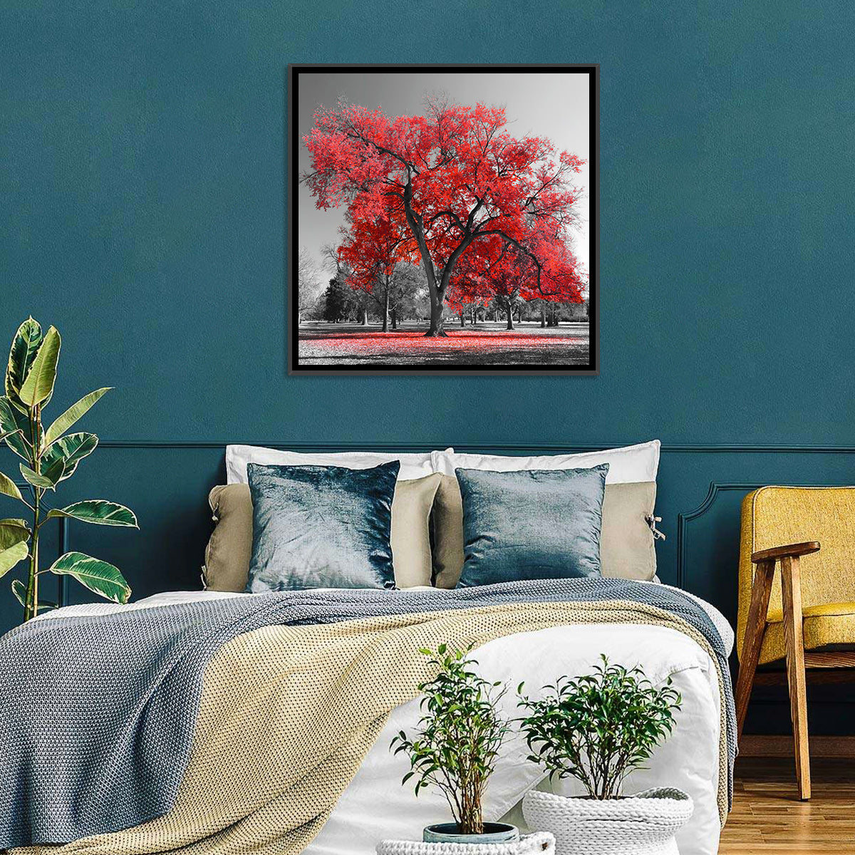 Winter Tree with Red Leaves Wall Art in a room, square