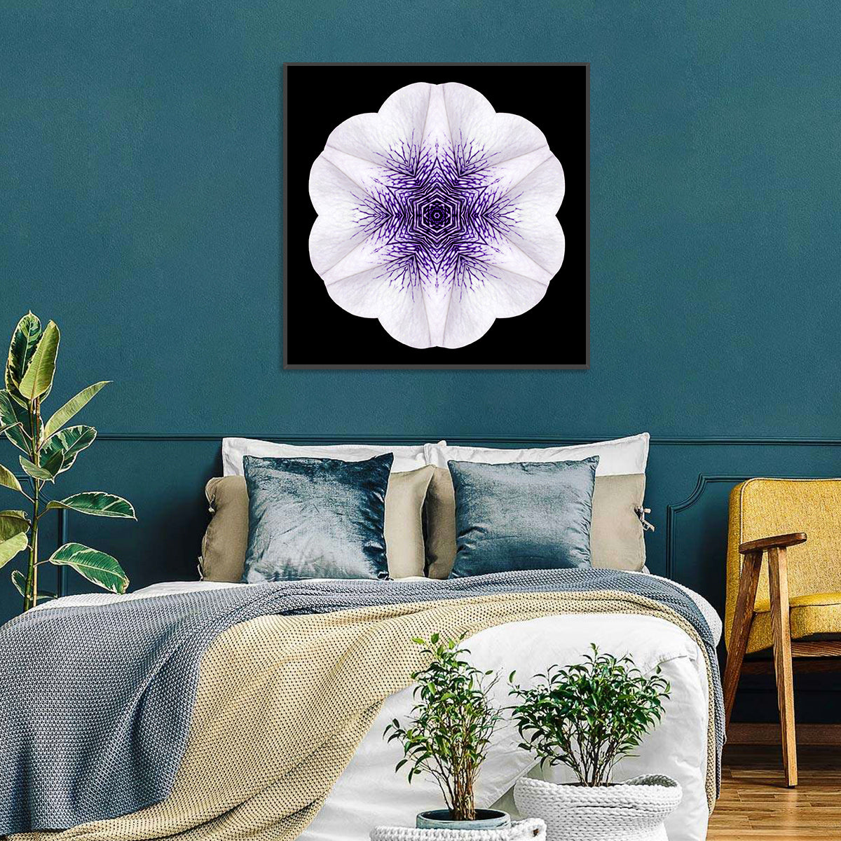 Purple Mandala Flower Kaleidoscope Wall Art in a room, square