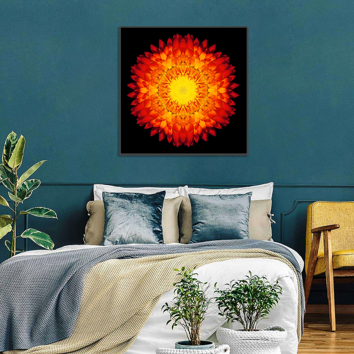 Radiant Red Kaleidoscopic Mandala Flower Wall Art in a room, square