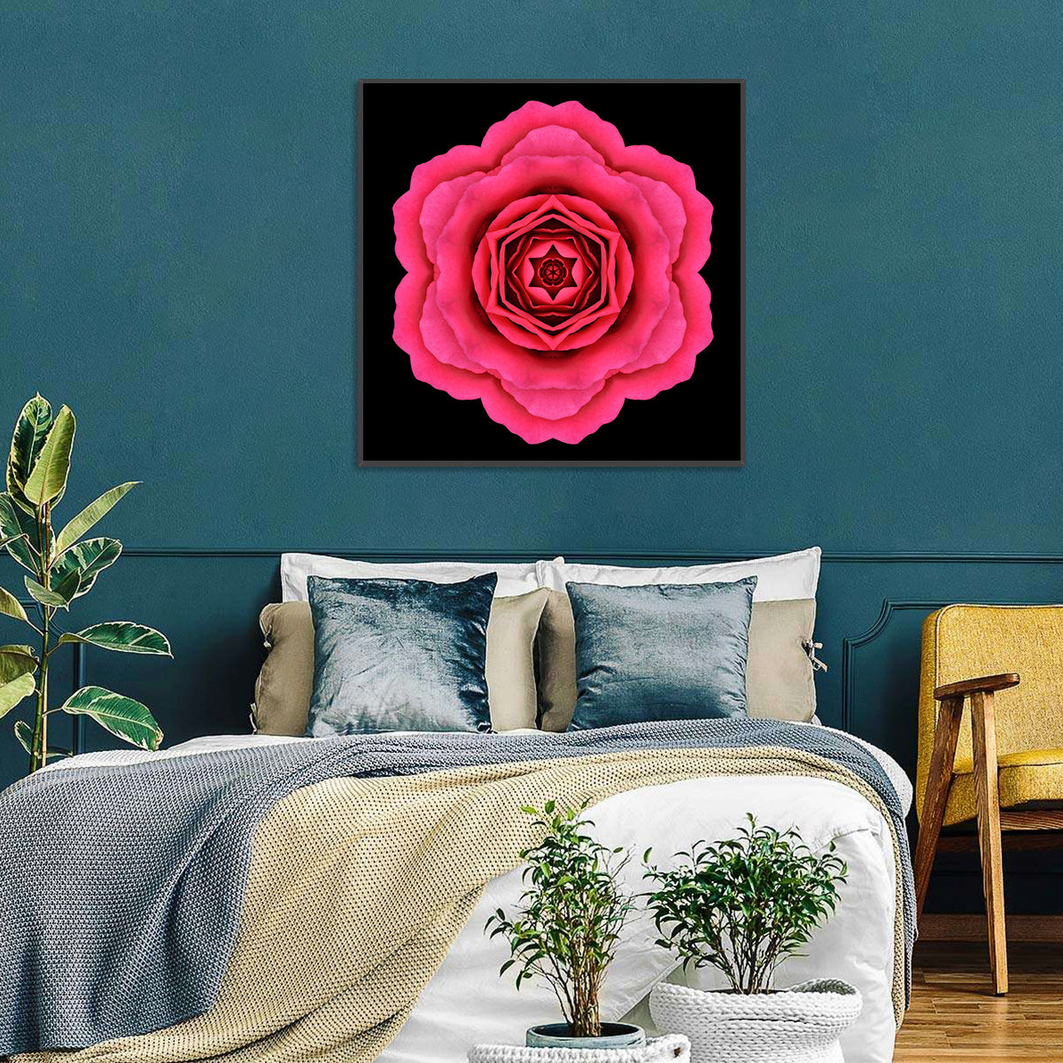 Magenta Rose Mandala Pattern Wall Art in a room, square