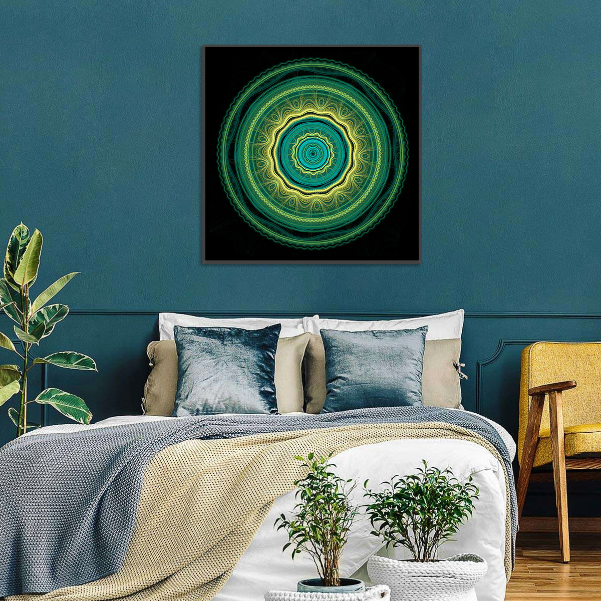 Hypnotic Teal Glow Mandala Wall Art