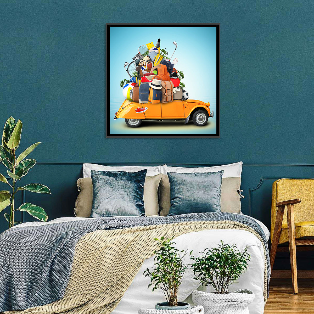 Orange Vintage Car Road Trip Getaway Wall Art in a room, square