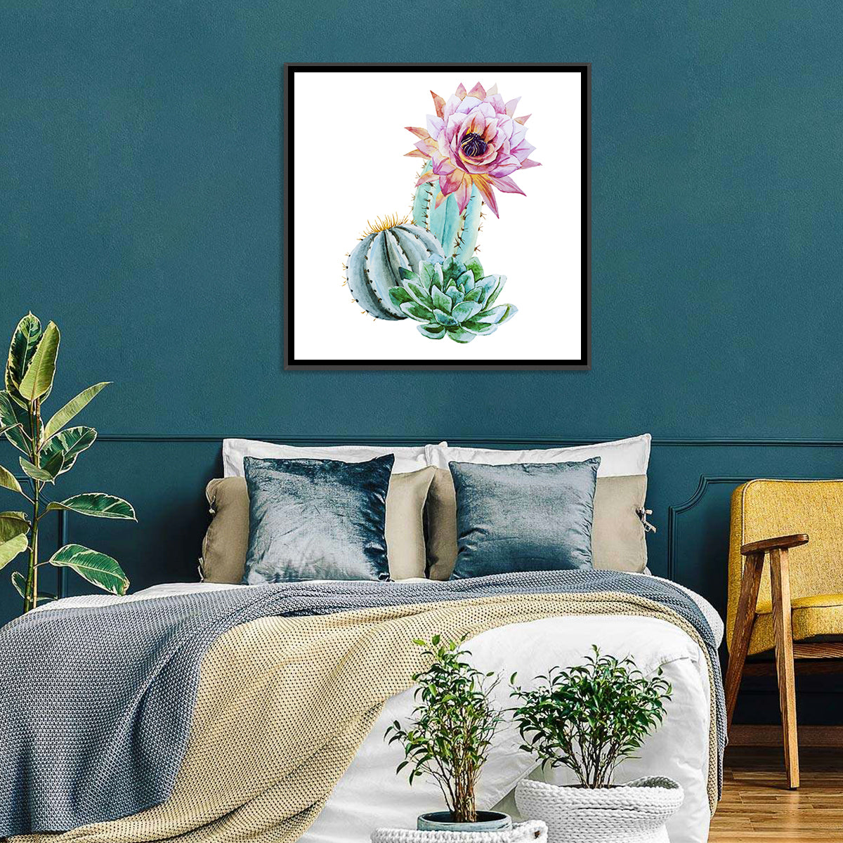 Blooming Cactus Watercolor Wall Art in a room, square