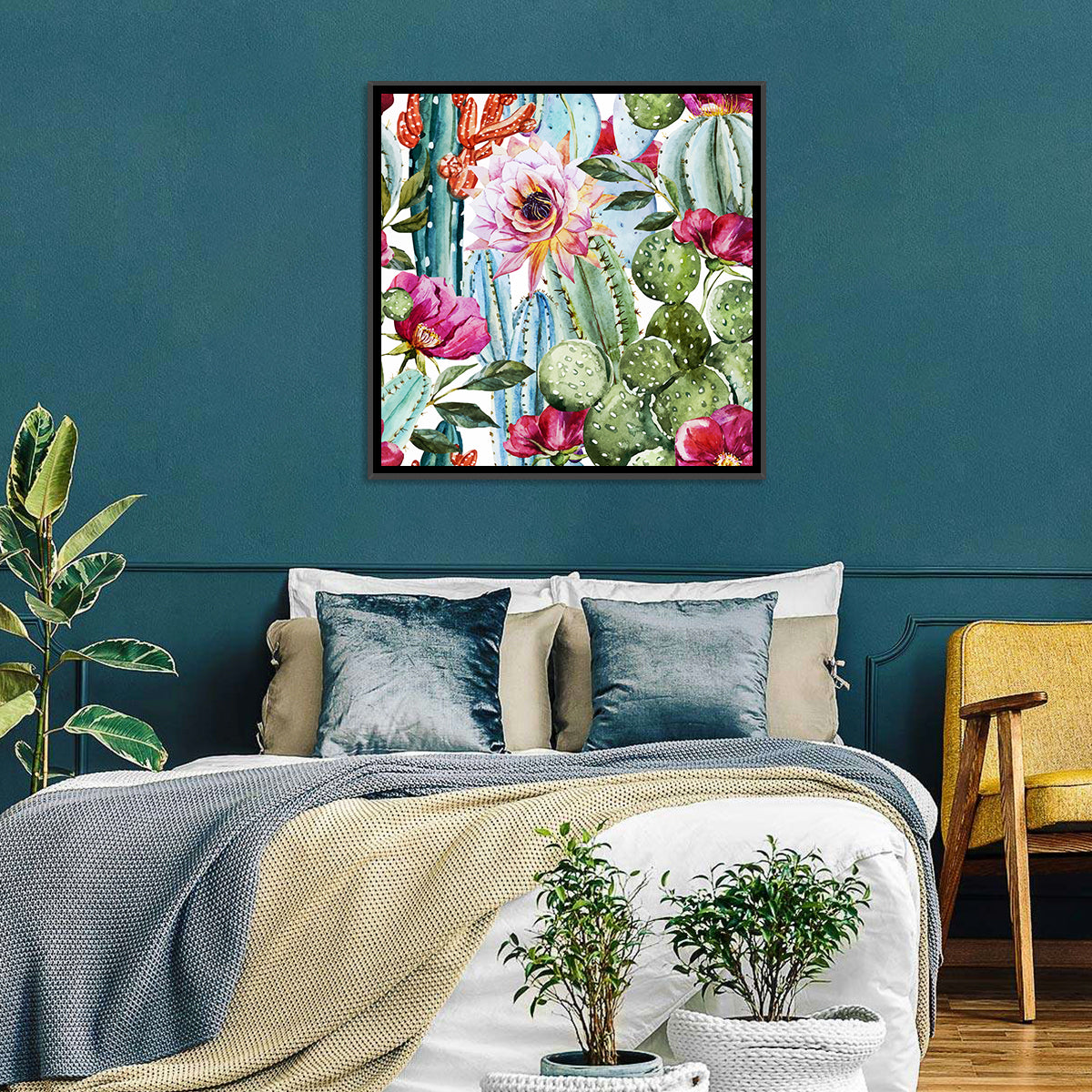 Watercolor Cactus Pattern Wall Art in a room, square