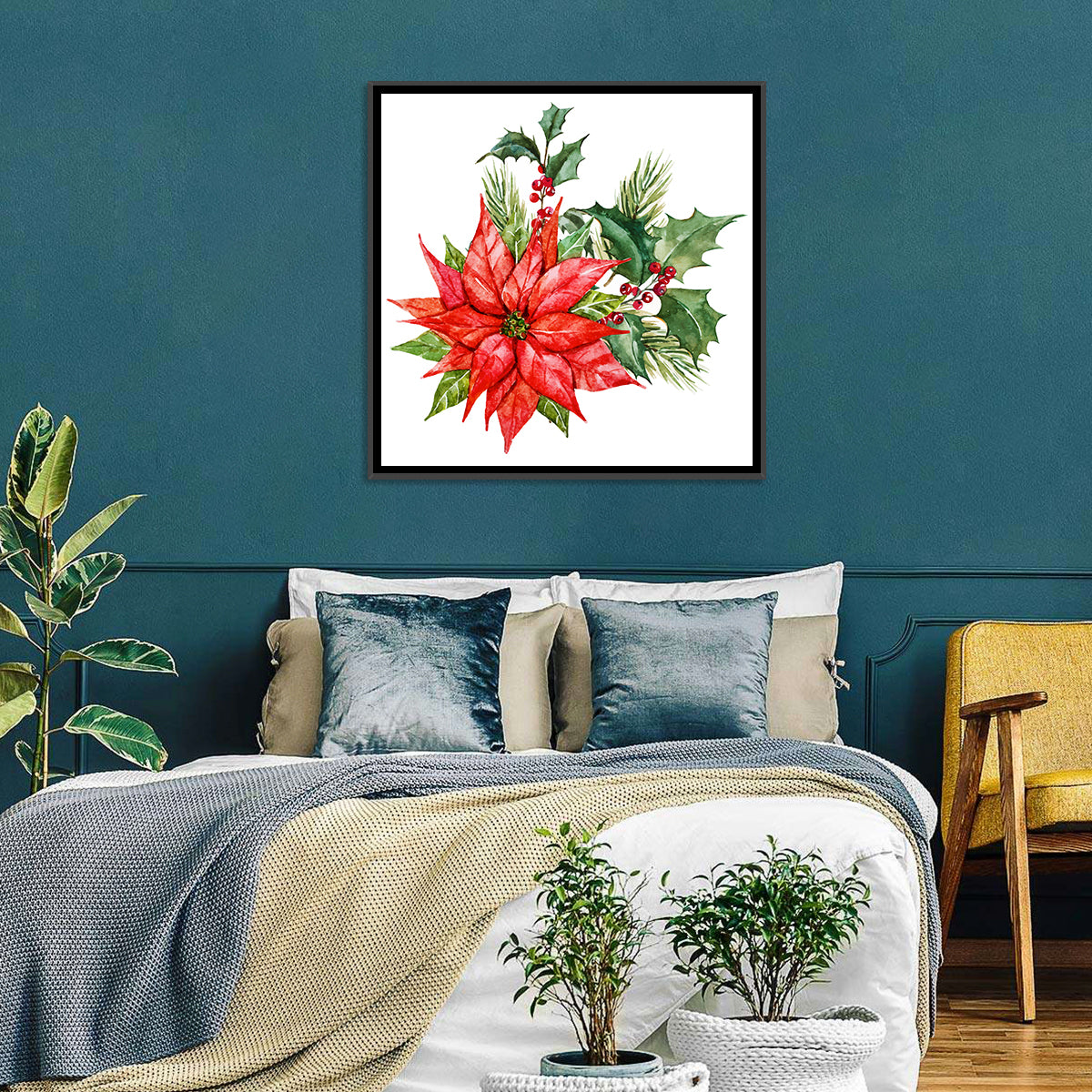 Christmas Poinsettia Watercolor Wall Art in a room, square
