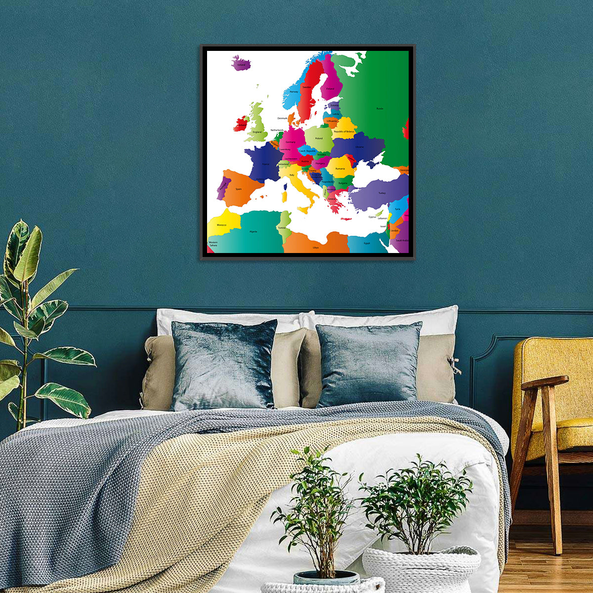 Modern Coloured Map of Europe Wall Art in a room, square