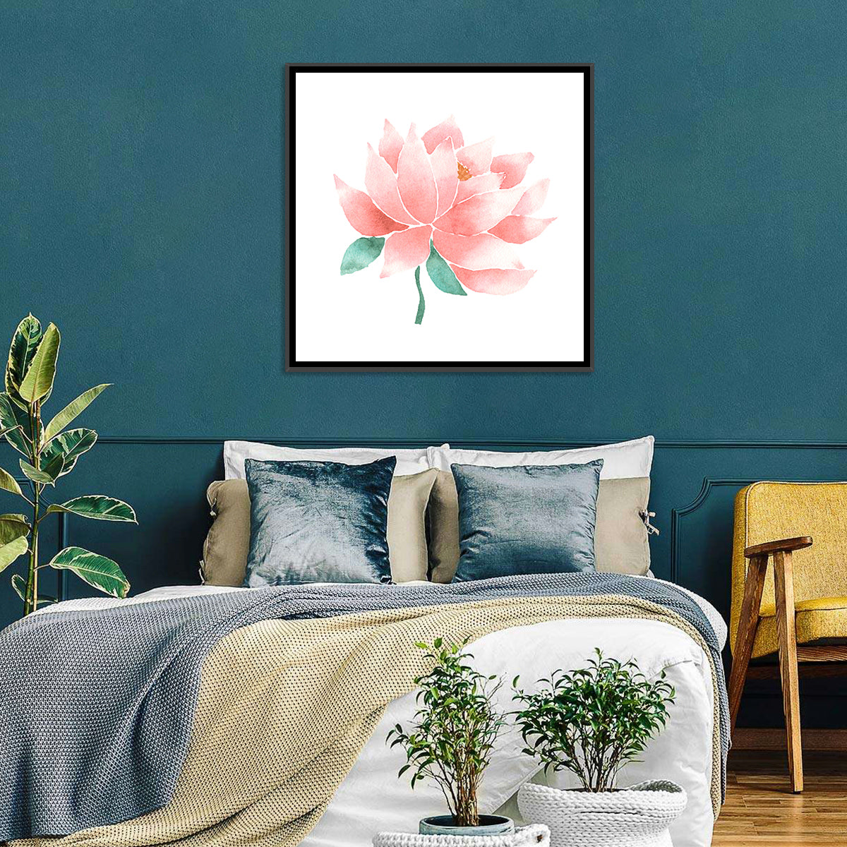 Soft Pink Lotus Watercolor Wall Art in a room, square
