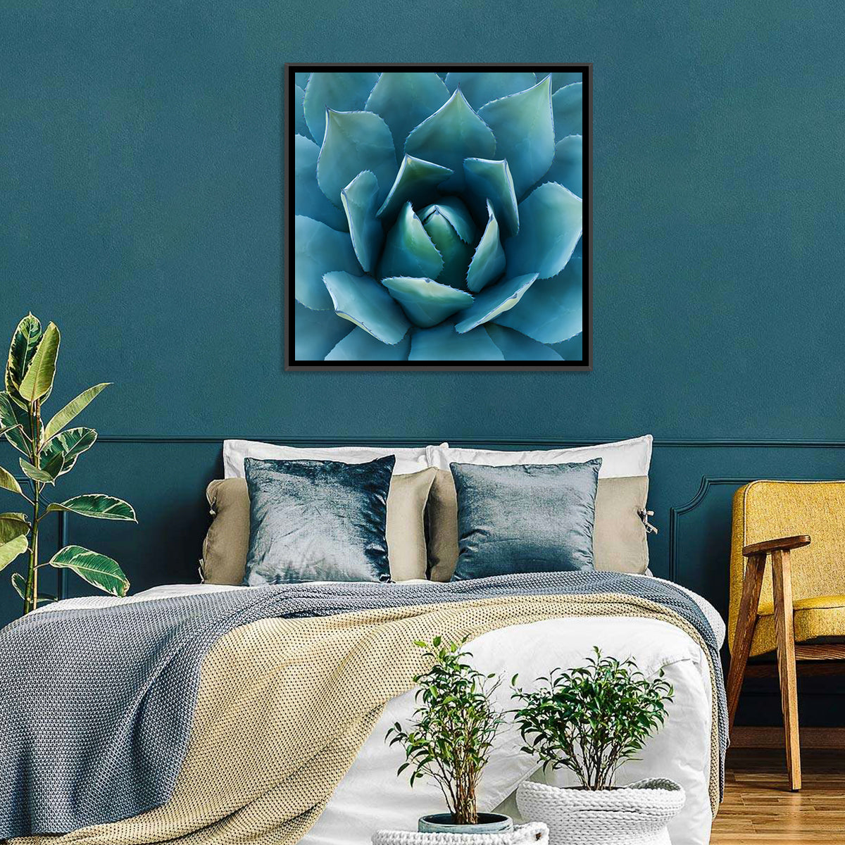 Spiral Agave Macro Wall Art in a room, square