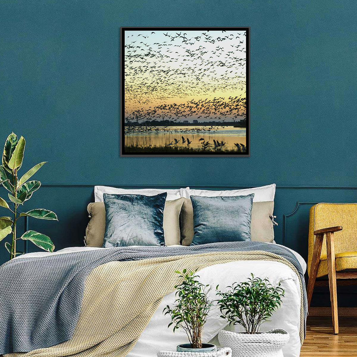 Snow Geese Over River Wall Art