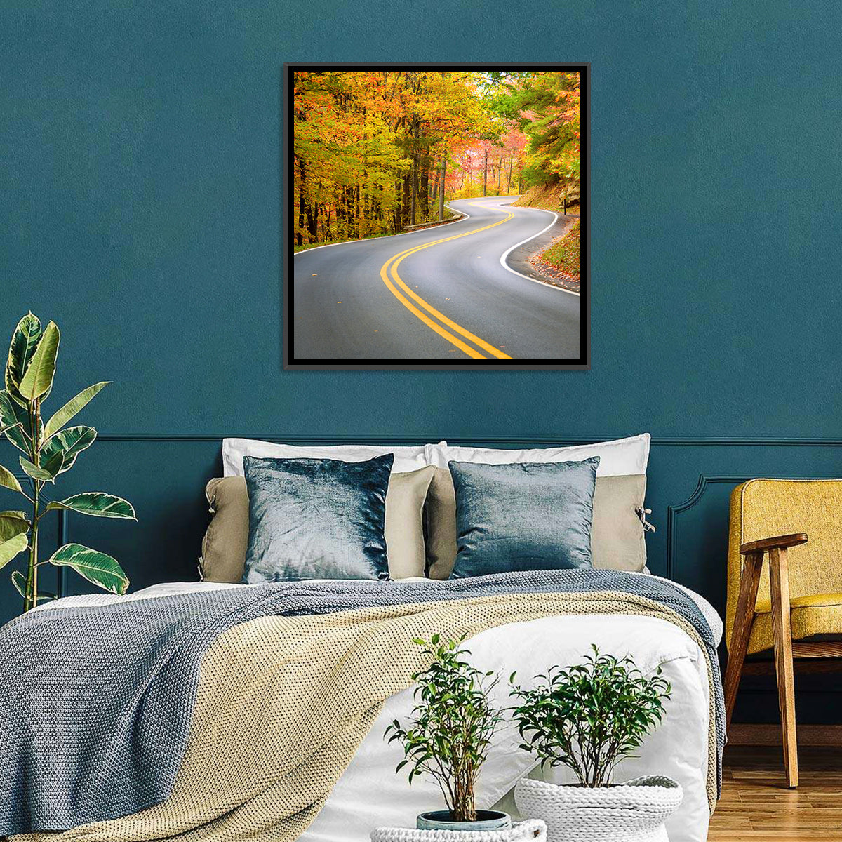 Winding Autumn Road Wall Art in a room, square