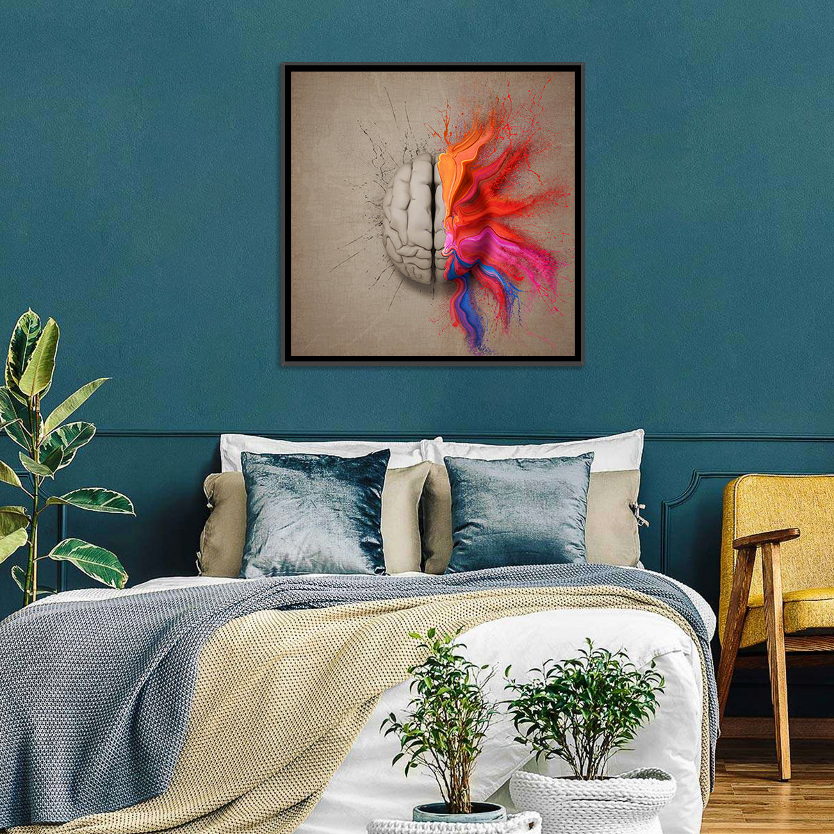 Creative Brain Duality Illustration Wall Art in a room, square