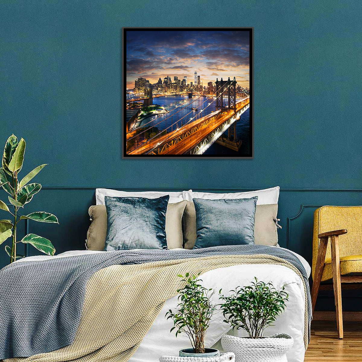 Manhattan Bridge Dusk Light Trails Wall Art in a room, square