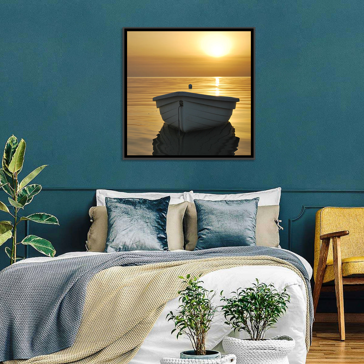 White Rowboat on Golden Sea Wall Art