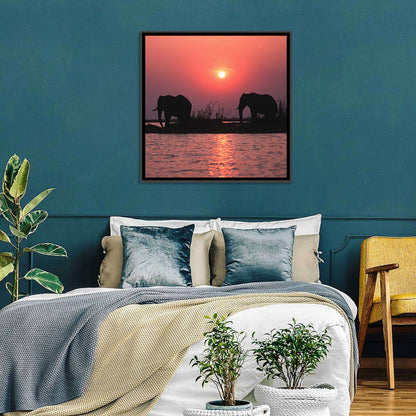 Elephants at Sunset Silhouette Wall Art