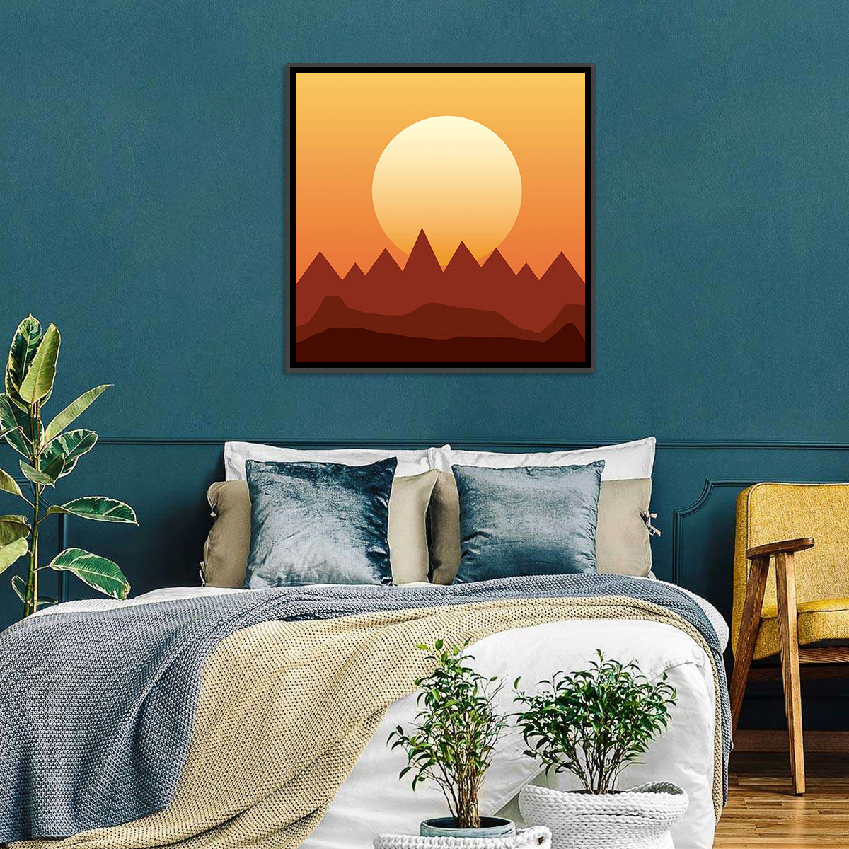Geometric Mountain Sunset Wall Art in a room, square