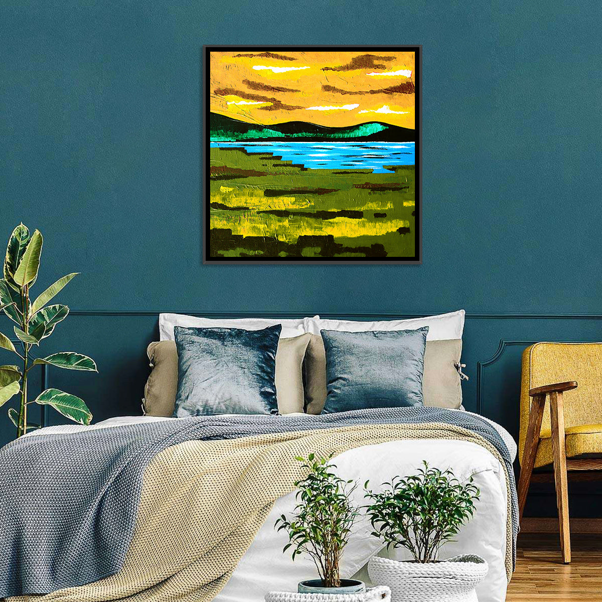 Golden Hour Mountain Lake Abstract Wall Art in a room, square