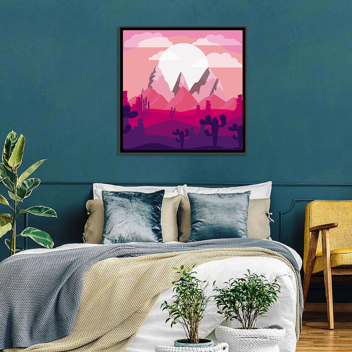 Magenta Desert Mountains Illustration Wall Art in a room, square