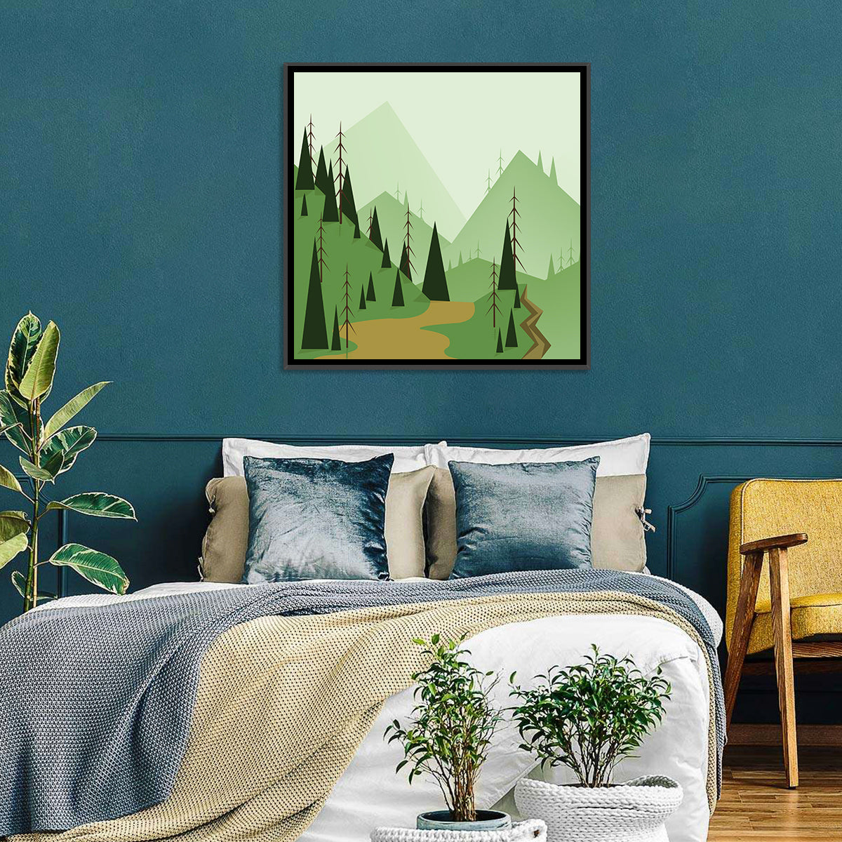 Green Foggy Hills Illustration Wall Art in a room, square