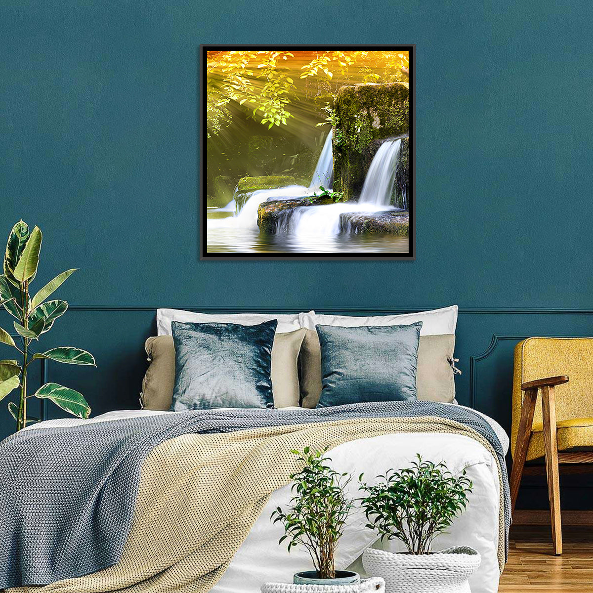 Sunlit Forest Waterfall Wall Art