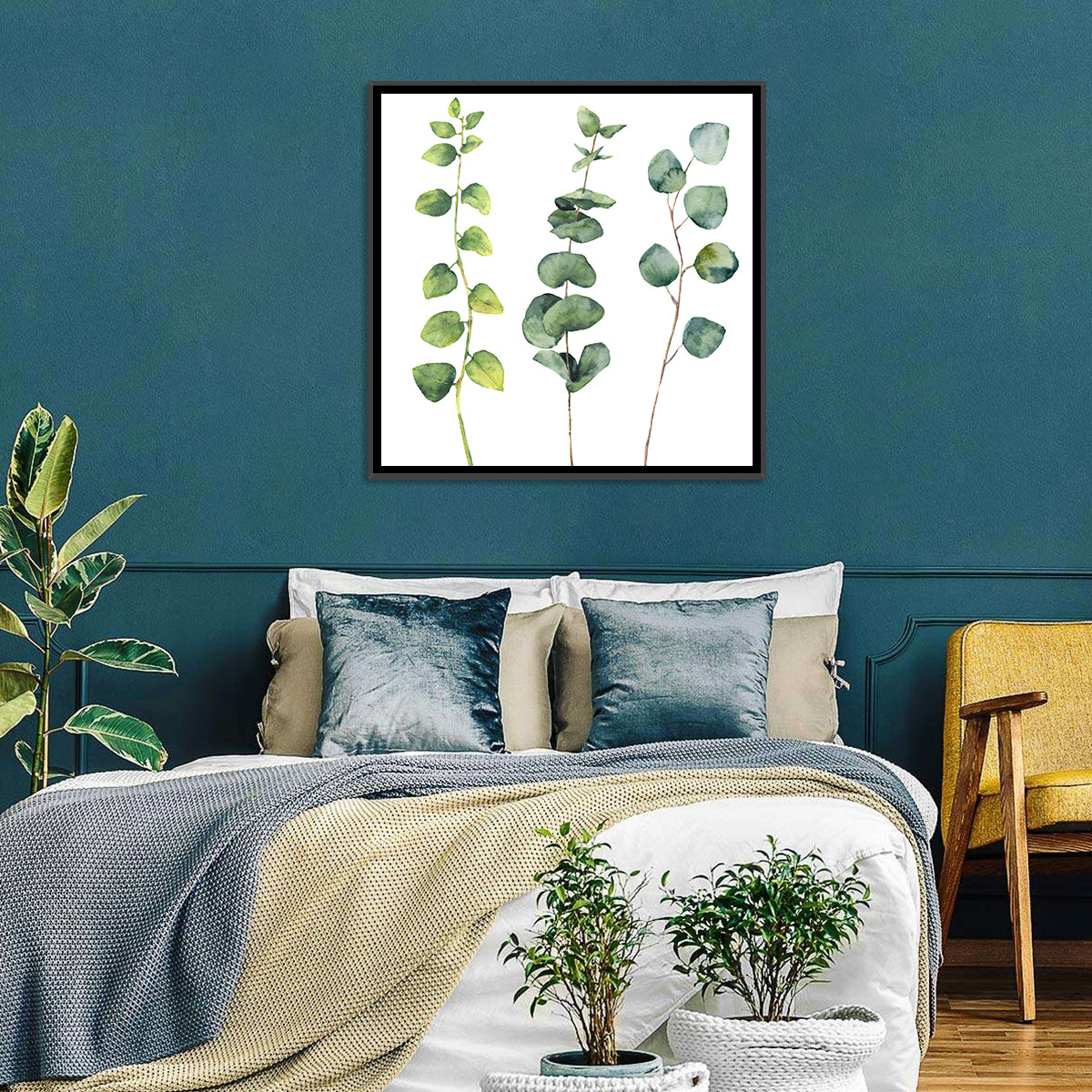 Watercolor Eucalyptus Stems Wall Art in a room, square