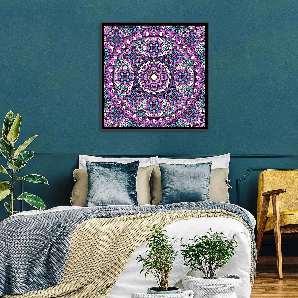 Vibrant Purple Teal Mandala Pattern Wall Art in a room, square
