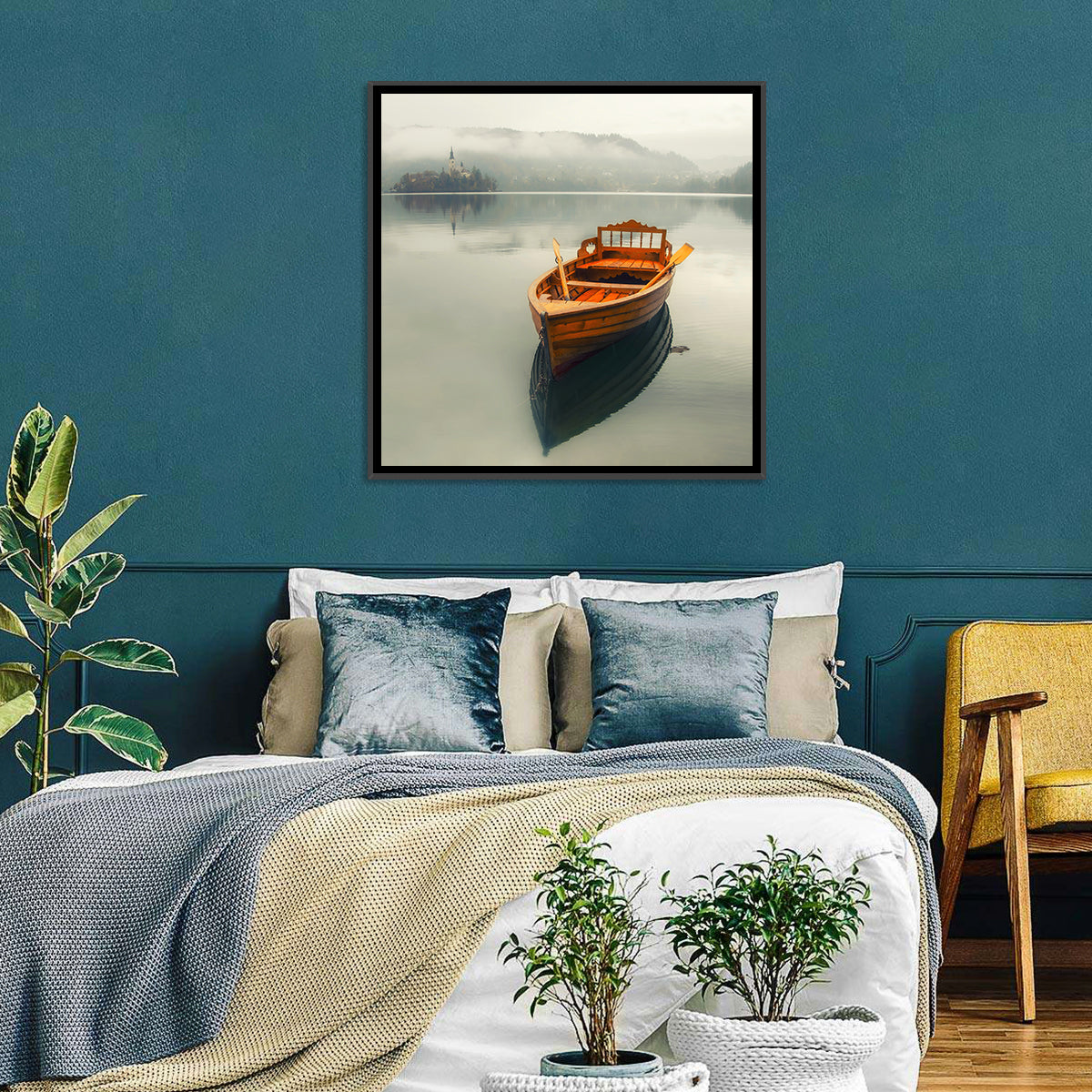 Wooden Boat on Misty Lake Bled Wall Art