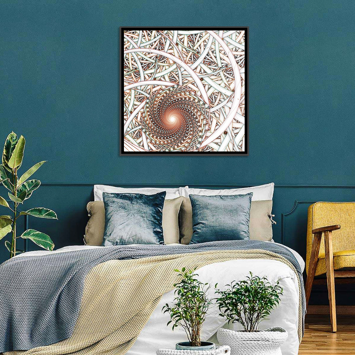 Copper Fractal Spiral Mandala Wall Art in a room, square