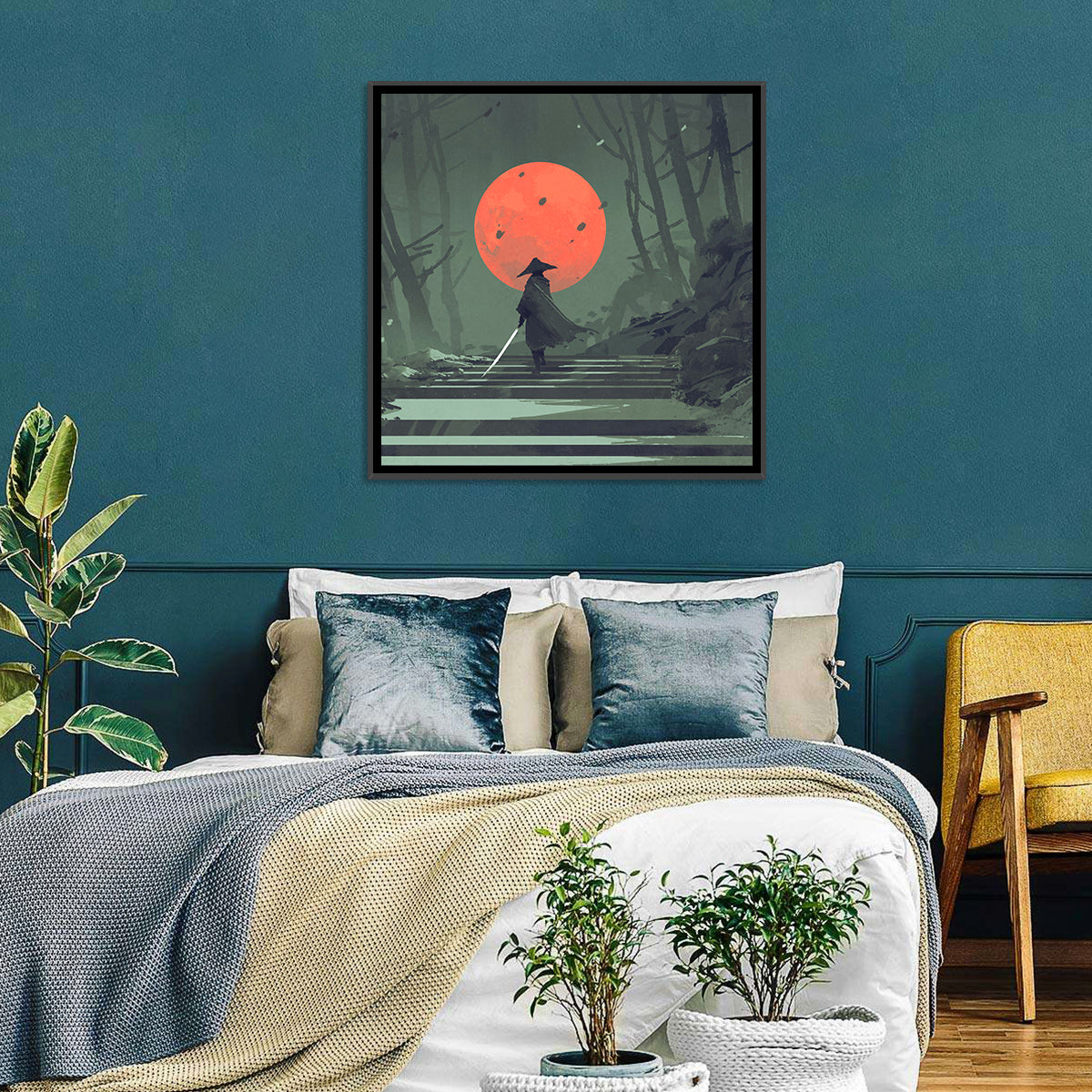 Samurai Under Red Moon Wall Art