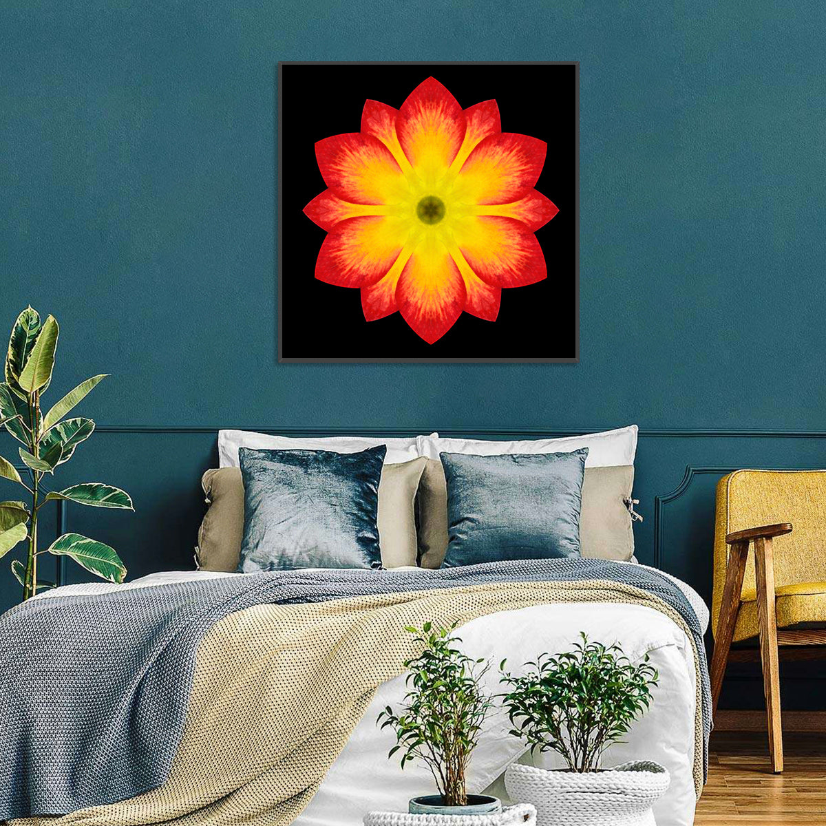 Red Yellow Mandala Flower Pattern Wall Art in a room, square
