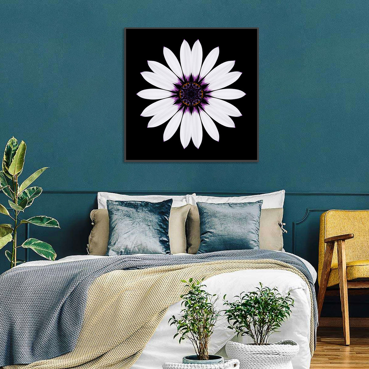 White Daisy Mandala on Black Wall Art