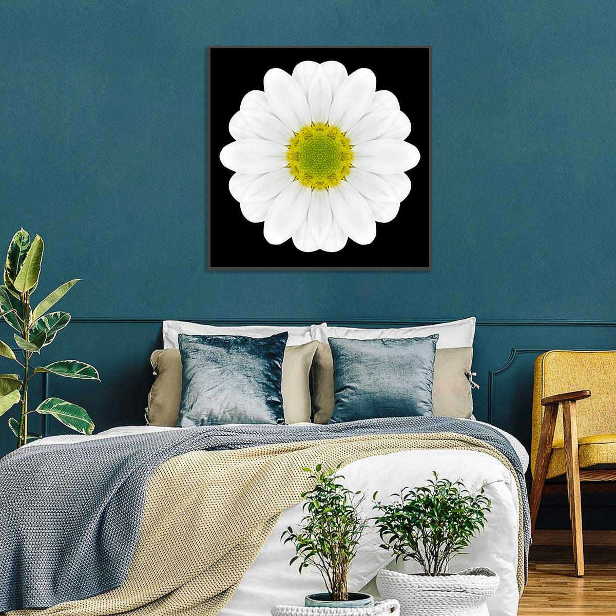 High Contrast Daisy Mandala Pattern Wall Art in a room, square