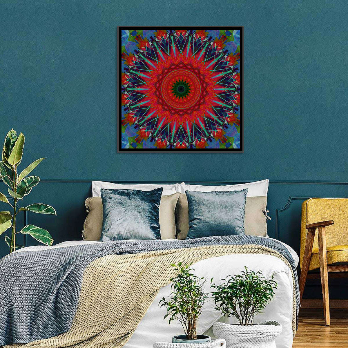 Lotus Blossom Starburst Mandala Wall Art in a room, square