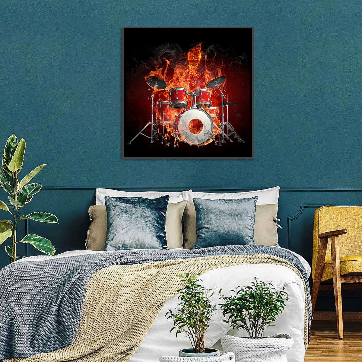 Flaming Skeleton Drummer Wall Art in a room, square