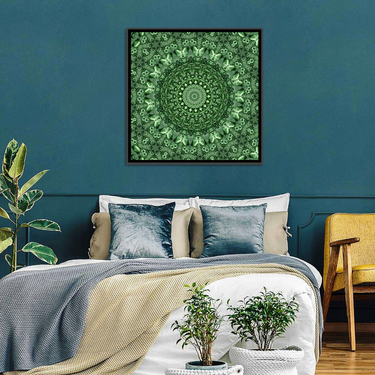 Green Botanical Kaleidoscope Mandala Wall Art in a room, square